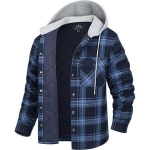 Men's Quilted Lined Flannel Hoodie Jacket Cotton Button Down Shirt Jacket Long
